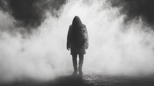 Hooded figure walking in smoky night, mystery, thriller film - Powered by Adobe