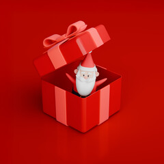 Santa Claus popping out of red gift box on red background