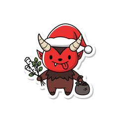 Cute Krampus Christmas Sticker with Santa Hat and Birch Branches.