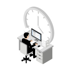 Isometric illustration of a businessman working at a desk with a large clock behind him, symbolizing time management and productivity.