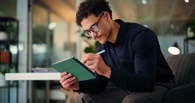 Graphic designer, drawing and man with tablet in office for web development, website or ui design. Creative agency, digital tech and person at night with sketch for editing, planning or thinking