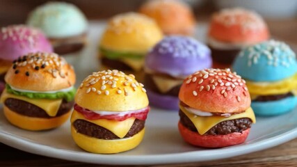 A colorful assortment of miniature hamburgers displayed on a white plate, showcasing vibrant toppings and buns, perfect for a playful food presentation or a fun culinary event