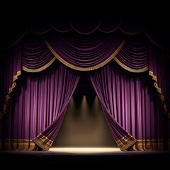 Ornate purple velvet curtains dramatically reveal an empty stage illuminated by spotlights