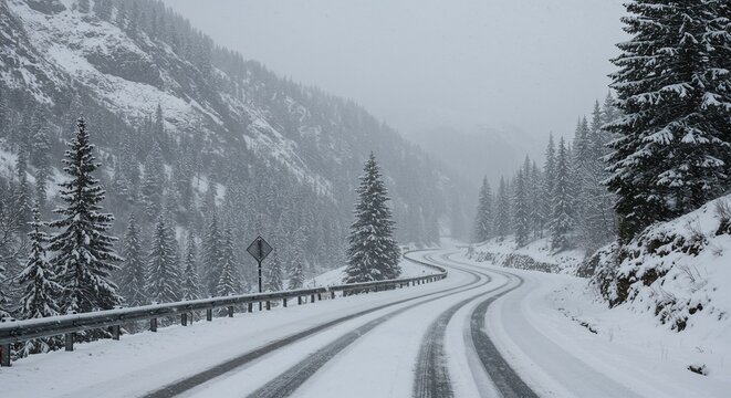 Empty winding road leading through a snow-covered pine forest and mountains during heavy winter weather for a seasonal travel concept and challenging journey - Powered by Adobe