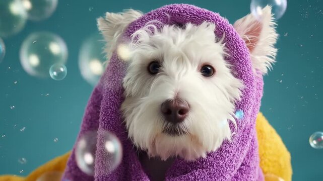 A fluffy white dog wrapped in a colorful towel, surrounded by bubbles, enjoying a playful bath time scene against a vibrant blue background, showcasing pet grooming and joy