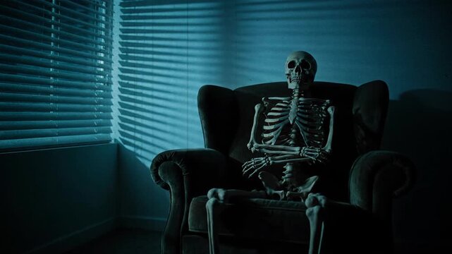 Spooky skeleton patiently waiting in a dimly lit room, bathed in eerie blue light, a haunting scene