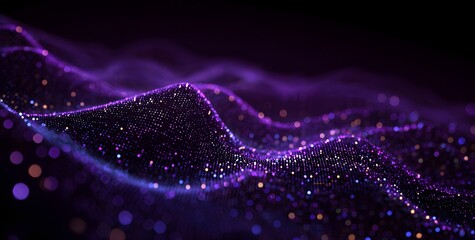 Abstract flowing luminous particles and light trails creating a dynamic wave effect with deep purple and blue hues against a dark background representing digital data streams and futuristic technology