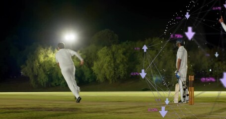 Bowler bowling on cricket pitch under lights, team sprinting huddling, purple overlay showing stats