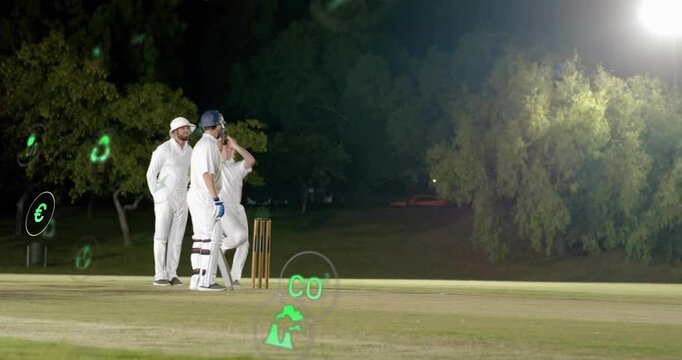 Bowler running pitch to deliver ball for cricket play, batsman holding bat, green icons overlaying