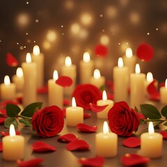 Numerous glowing pillars illuminate a romantic setting scattered with vibrant crimson blossoms and floating particles