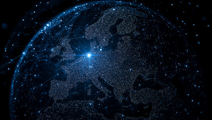 Earth focused on europe through dots binary code lines
