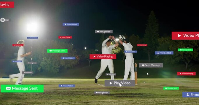 Bowler bowling causing cricket wicket, team celebrating at stumps under lights mouse clicking UI