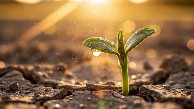 Vibrant green seedling growing in parched cracked earth with a water droplet, bathed in golden sunset light representing resilience concept