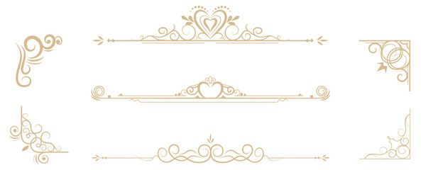 Fototapeta premium A beautiful collection of elegant gold ornamental frames, dividers, and corner elements featuring swirl and heart motifs, perfect for wedding invitations, certificates, or luxury branding projects.