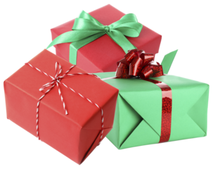 festive photograph of elegantly wrapped christmas presents stacked, featuring vibrant red and green colors, perfect for holiday-themed advertisements.