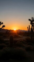 Vibrant desert landscape illuminates as the sun descends behind distant mountain range