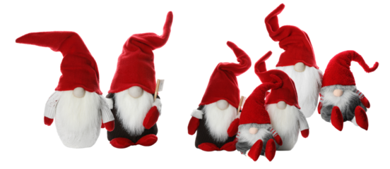 charming photograph of seven whimsical christmas gnomes wearing red hats and holding gifts, set against a solid transparent background in soft studio light.