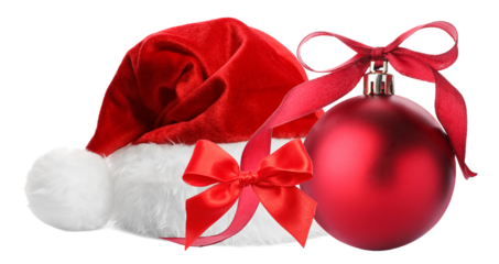 cheerful photograph featuring a plush santa hat accompanied by a shiny red christmas bauble, tied with a festive red ribbon evoking holiday spirit and fun