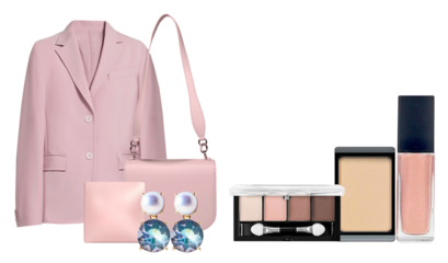 elegant photograph featuring a pastel pink business suit, handbag, and delicate jewelry with complementary makeup, perfect for fashion or beauty blogs