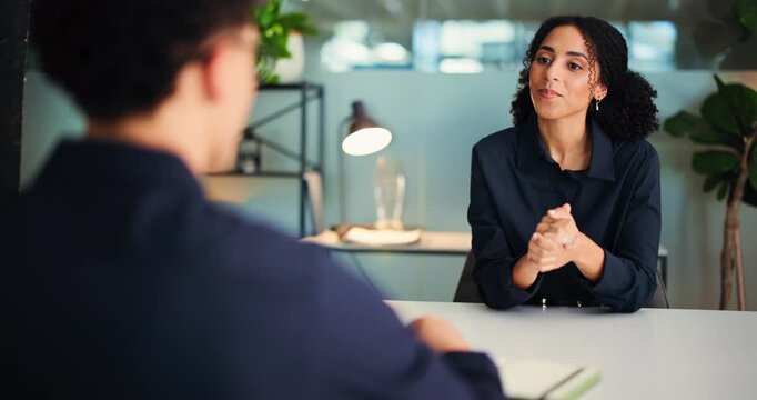 Happy woman, meeting or interview with handshake for deal, job opportunity or agreement in office. Female person, employer or shaking hands with candidate for career application or recruiting process