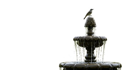 Small wild bird perches atop an ornate, multi-tiered water fountain structure against a bright background
