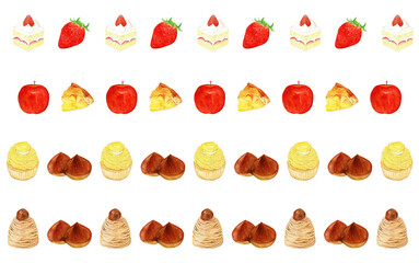 手描き水彩スイーツの装飾ラインセット｜Watercolor Dessert Decorative Borders (Strawberry Shortcake, Apple Pie, Mont Blanc)
