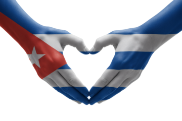 Hands painted in Cuban flag colors forming heart shape symbol of love and patriotism for Cuba and Cuban culture