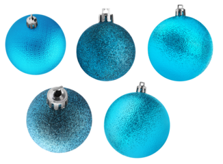 elegant photograph of a collection of shimmering blue christmas ornaments with textured surfaces and decorative caps, festive holiday decor