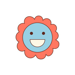 Groovy retro flower in cute cartoon graphic style with a happy smile face, blue and pink color sticker. This colorful sticker is a playful groovy element and positive decorative badge for y2k or