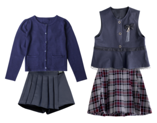 elegant school uniform ensemble featuring a navy cardigan, vest, and plaid skirt, designed for a sophisticated and classic academic appearance, ideal for school publications