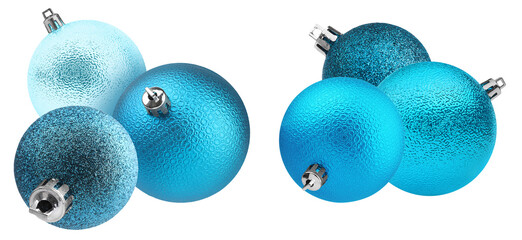 collection of sparkling blue christmas ornaments with varying textures and finishes, creating a festive and elegant holiday decoration theme for events