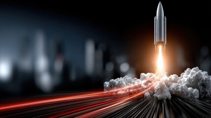 A rocket is launching into the sky with a trail of smoke behind it