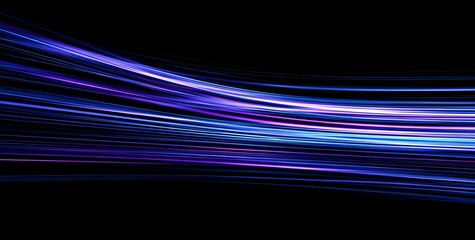 Abstract dynamic flowing streaks of vibrant electric blue and purple light trails against a deep black background creating a sense of motion and energy