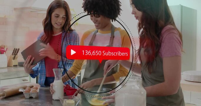 3 women starting mixing batter cooking with tablet, red play subs ring around group rising tracking