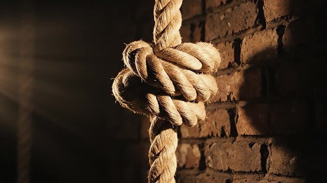 Strong rope knot detail on rustic brick wall with dramatic light