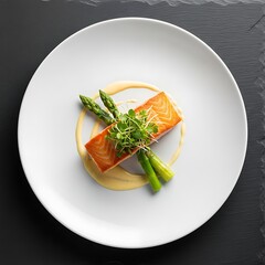 Gourmet preparation of cooked fish fillet with bright green vegetable stalks and delicate sprouts atop a creamy sauce.