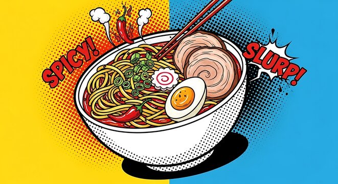 Delicious Spicy Ramen Bowl with Egg and Pork in Comic Style.