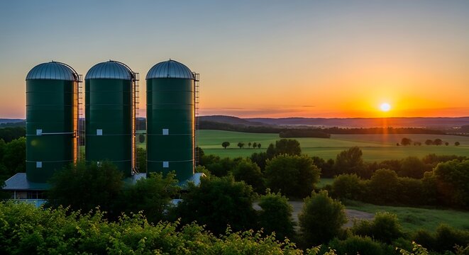 Three green silos stand tall against a backdrop of a vibrant sunrise over rolling hills and lush green fields.