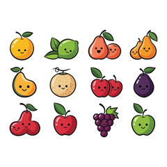 Collection of cute cartoon fruits with faces isolated on transparent background isolated on white background