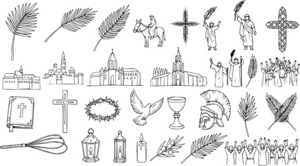 Hand-drawn Religious Christian Symbols and Icons Collection on White Background