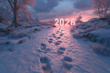 Snowy path to 2026, glowing text, winter landscape