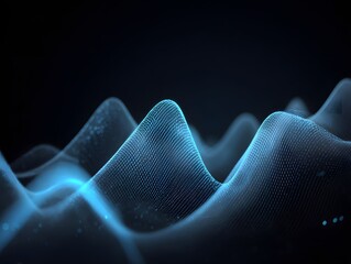 Abstract visualization of luminous blue energy waves flowing across a dark textured surface creating a futuristic and dynamic digital landscape