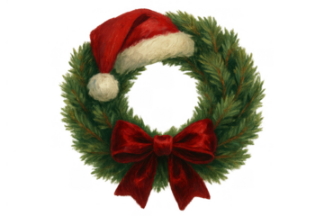 Christmas wreath decorating door or wall for holiday season, featuring red santa hat and festive bow