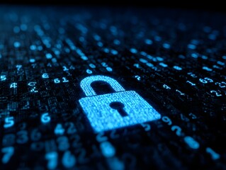 Digital padlock glowing with blue light on a dark background of binary code representing data security and cyber protection concepts