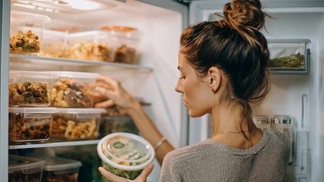 Woman Organizing Holiday Leftovers in Labeled Containers