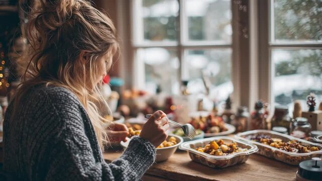 Woman Organizing Holiday Leftovers in Labeled Containers