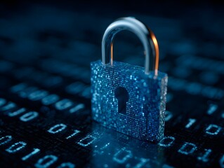 Digital security concept represented by a translucent blue padlock superimposed on a background of glowing binary code symbolizing data protection and online privacy