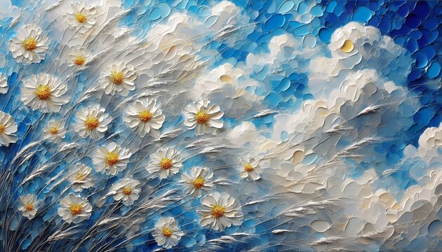 Abstract Vibrant Blue and White Oil Impressionistic Landscape Impasto Painting with Heavily Textured Brushstroke Cloudscape with White Wild Garden Flowers with Daisy Yellow/Gold Centers and Long Stems