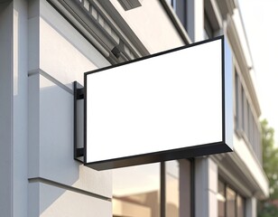 Blank rectangular shop sign affixed to a white building
