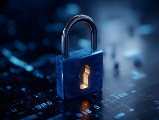 Digital padlock securing sensitive information on a futuristic circuit board with glowing blue data streams representing network protection and cybersecurity concepts
